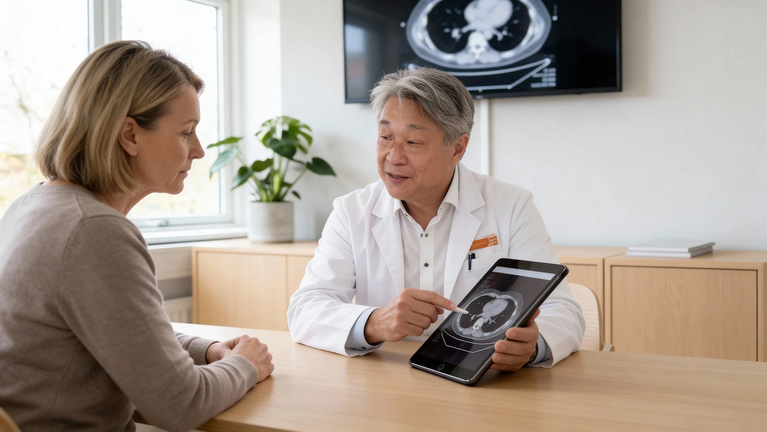 Dr Renaud Bollens in consultation, showing a patient her imaging on a tablet