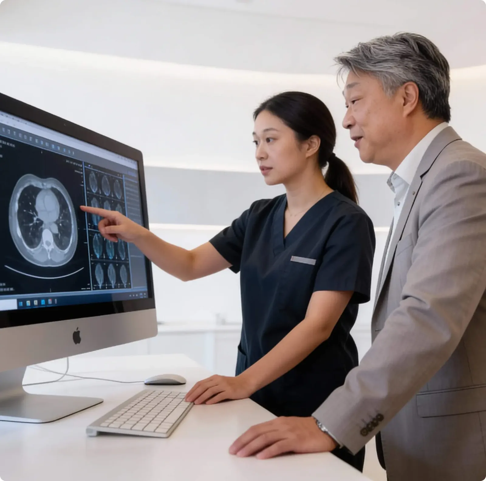 Dr Renaud Bollens reviewing a pelvic CT scan